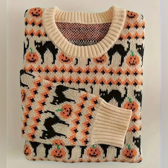 New Pumpkin Black Cat Halloween Sweater Orange Cream Long Sleeve Crew - Picture 4 of 15